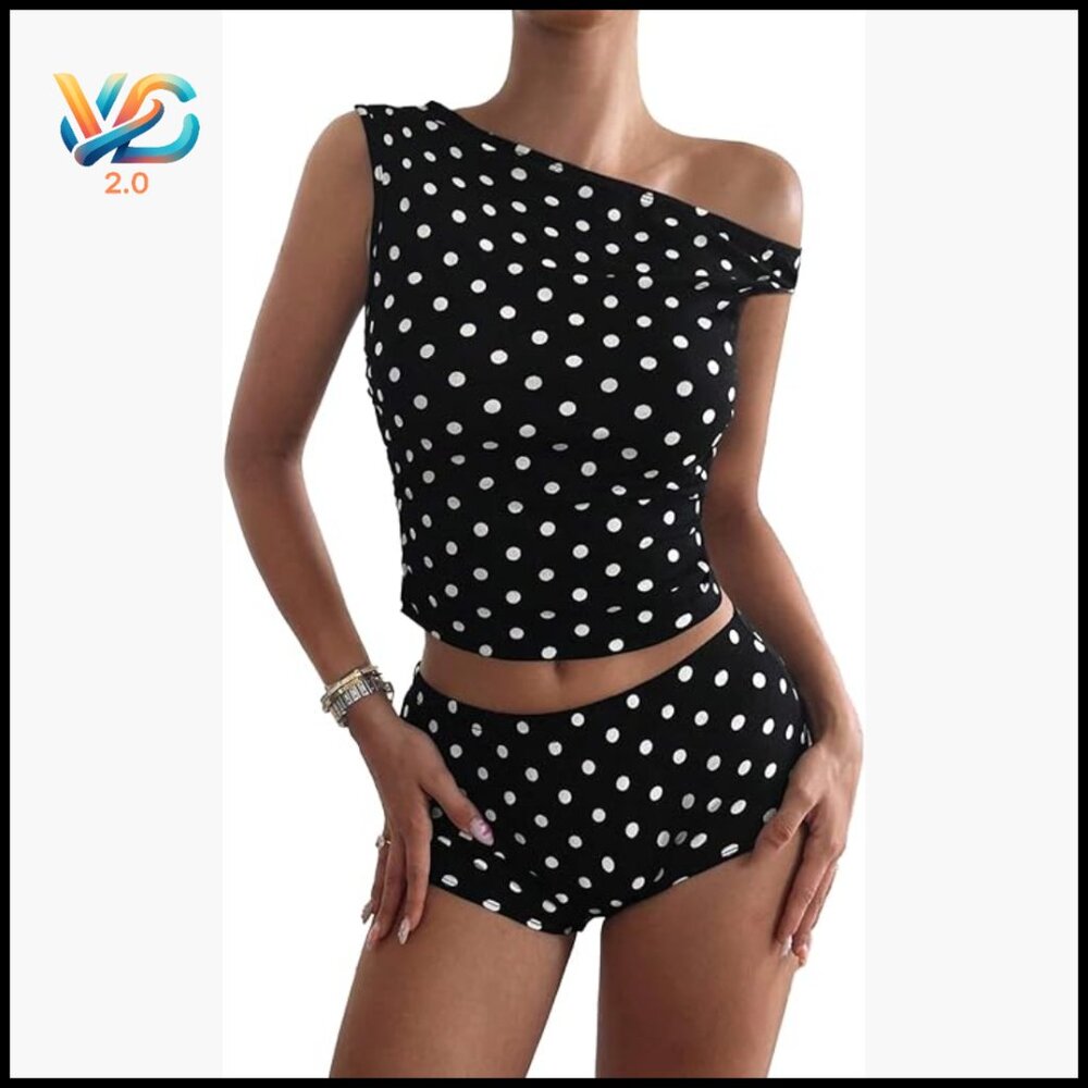 Large Polka Dot 2-Piece Set Off-Shoulder Crop Top Mini Shorts Slim Fit